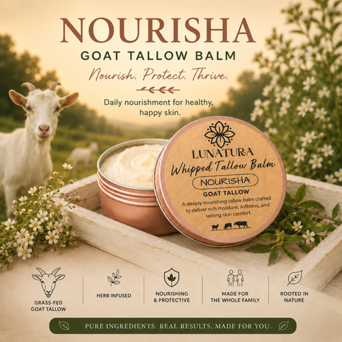 Nourisha whipped goat tallow balm with grass-fed goat, botanicals and open balm tin