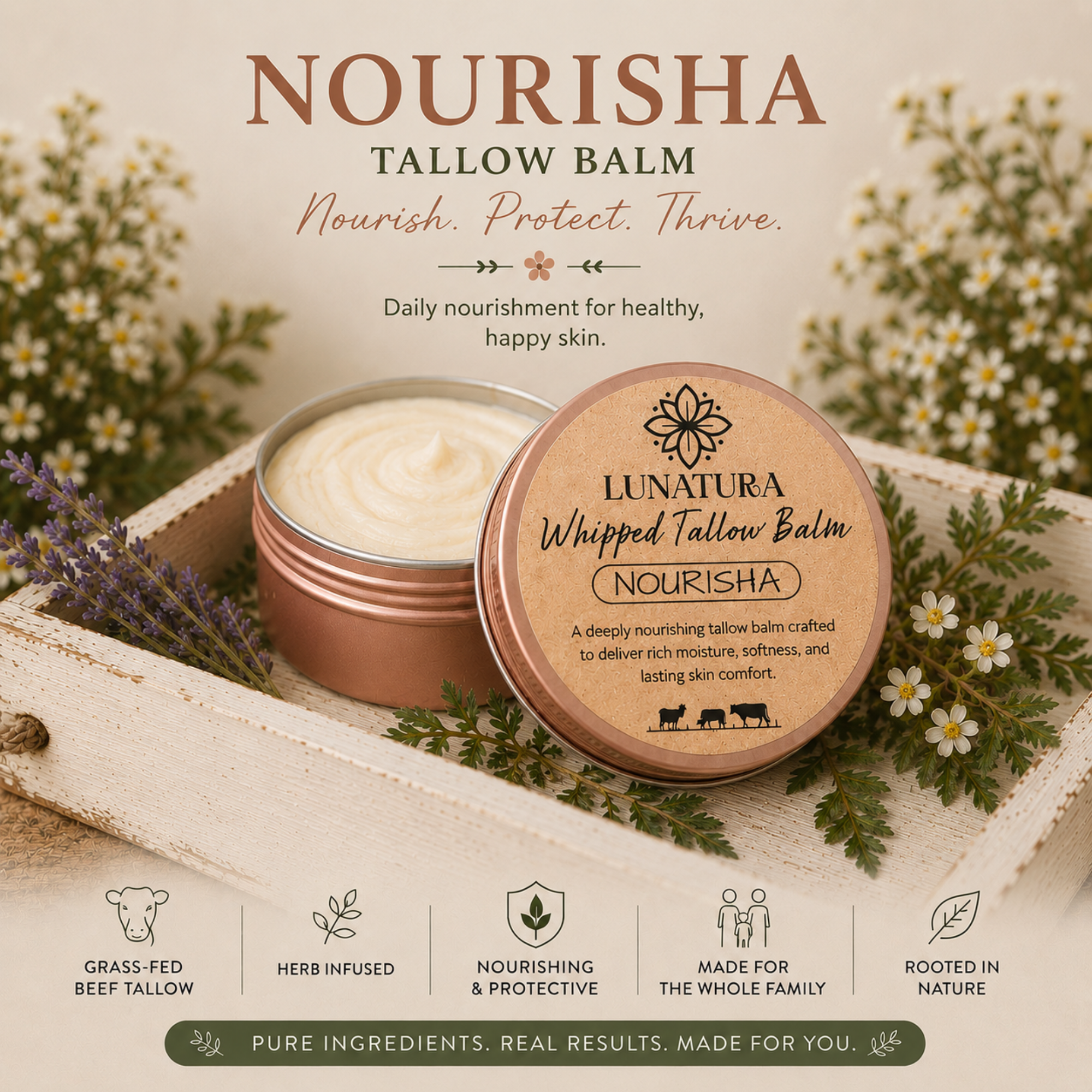 Nourisha whipped tallow balm with grass-fed tallow and botanical ingredients