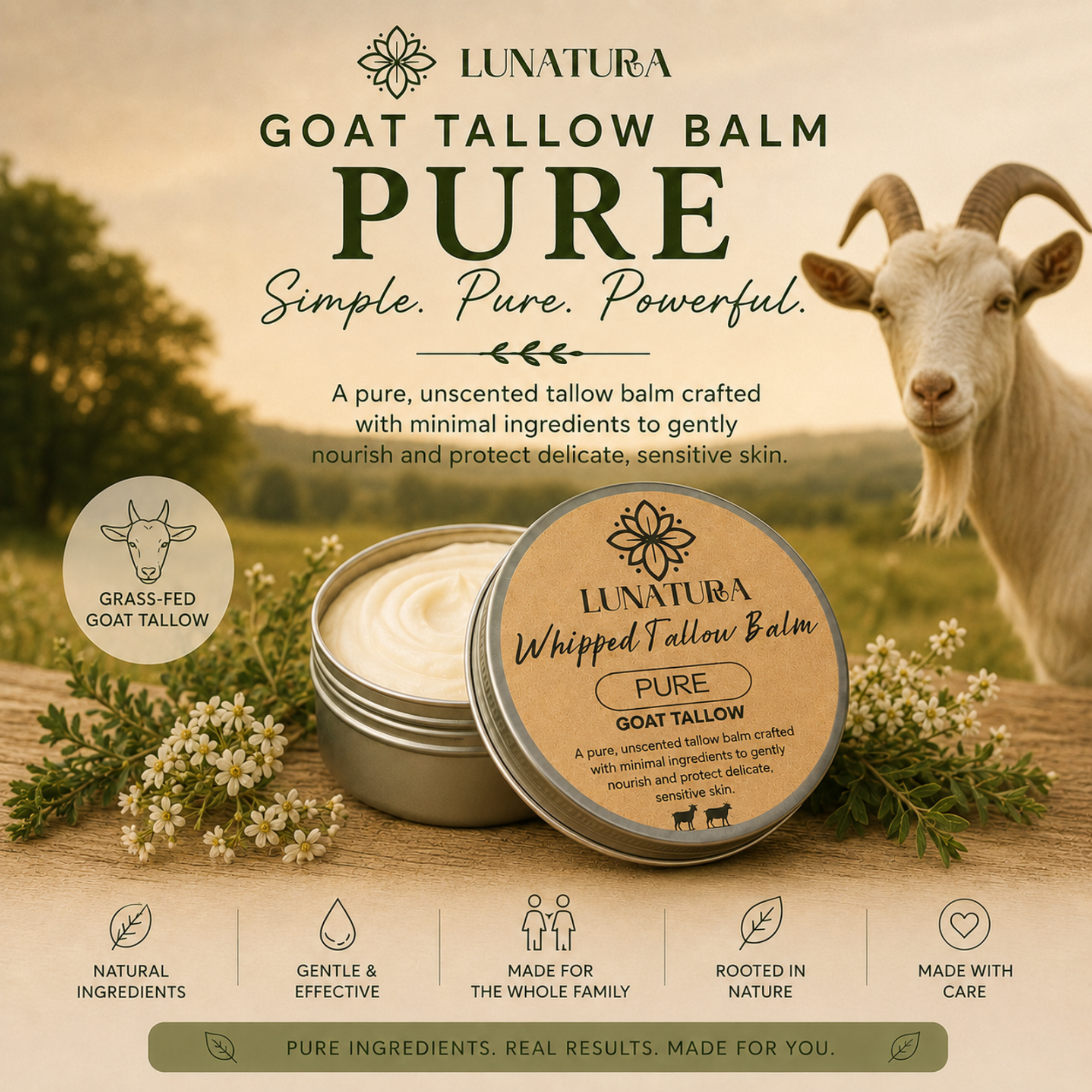 Pure Goat whipped goat tallow balm by LuNatura with grass-fed goat tallow and botanical ingredients