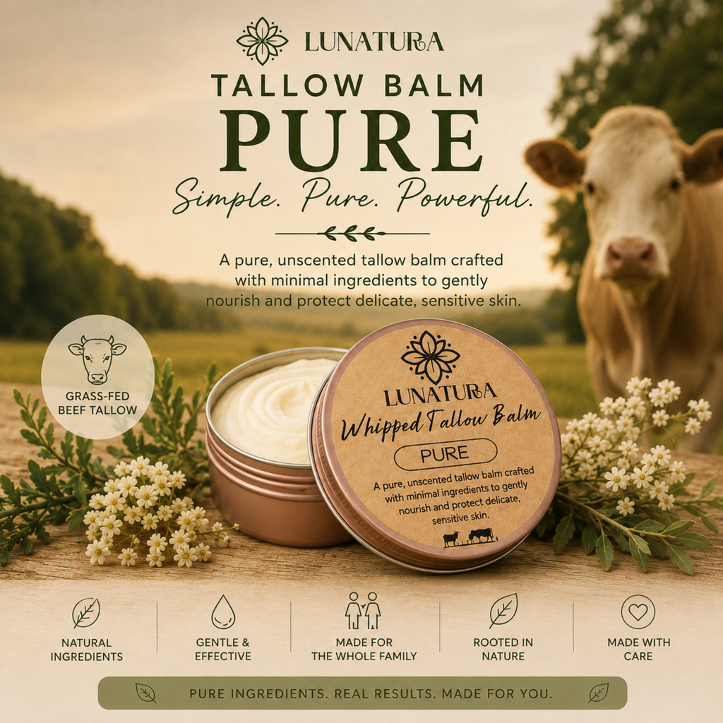 Pure unscented grass-fed beef tallow balm by LuNatura with open whipped balm tin and natural botanicals