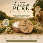 Pure unscented grass-fed beef tallow balm by LuNatura with open whipped balm tin and natural botanicals