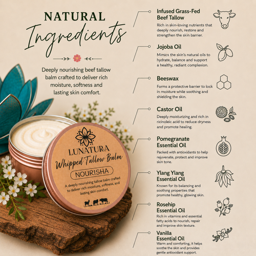 Natural ingredients in Nourisha whipped tallow balm with grass-fed tallow and botanical oils