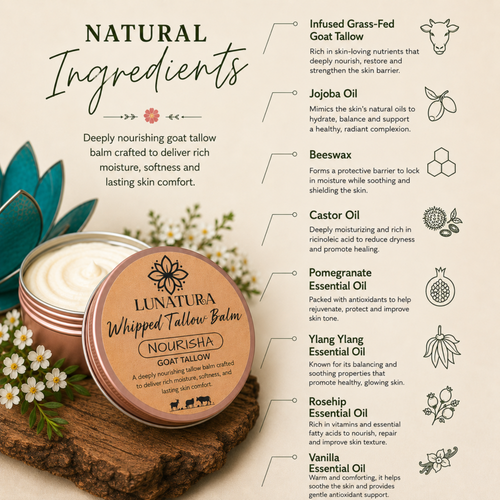 Natural ingredients in Nourisha goat tallow balm including botanical infused tallow and organic oils