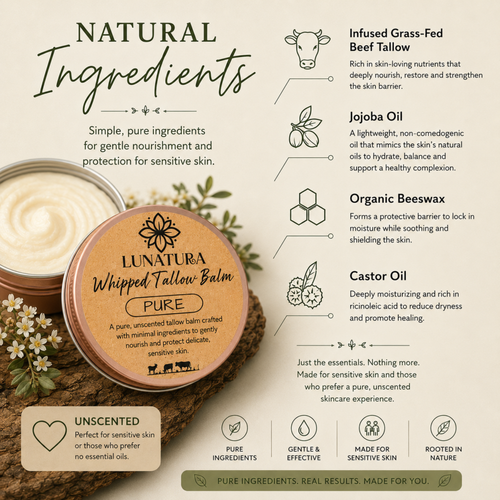 Pure tallow balm natural ingredients including grass-fed beef tallow, jojoba oil, beeswax and castor oil