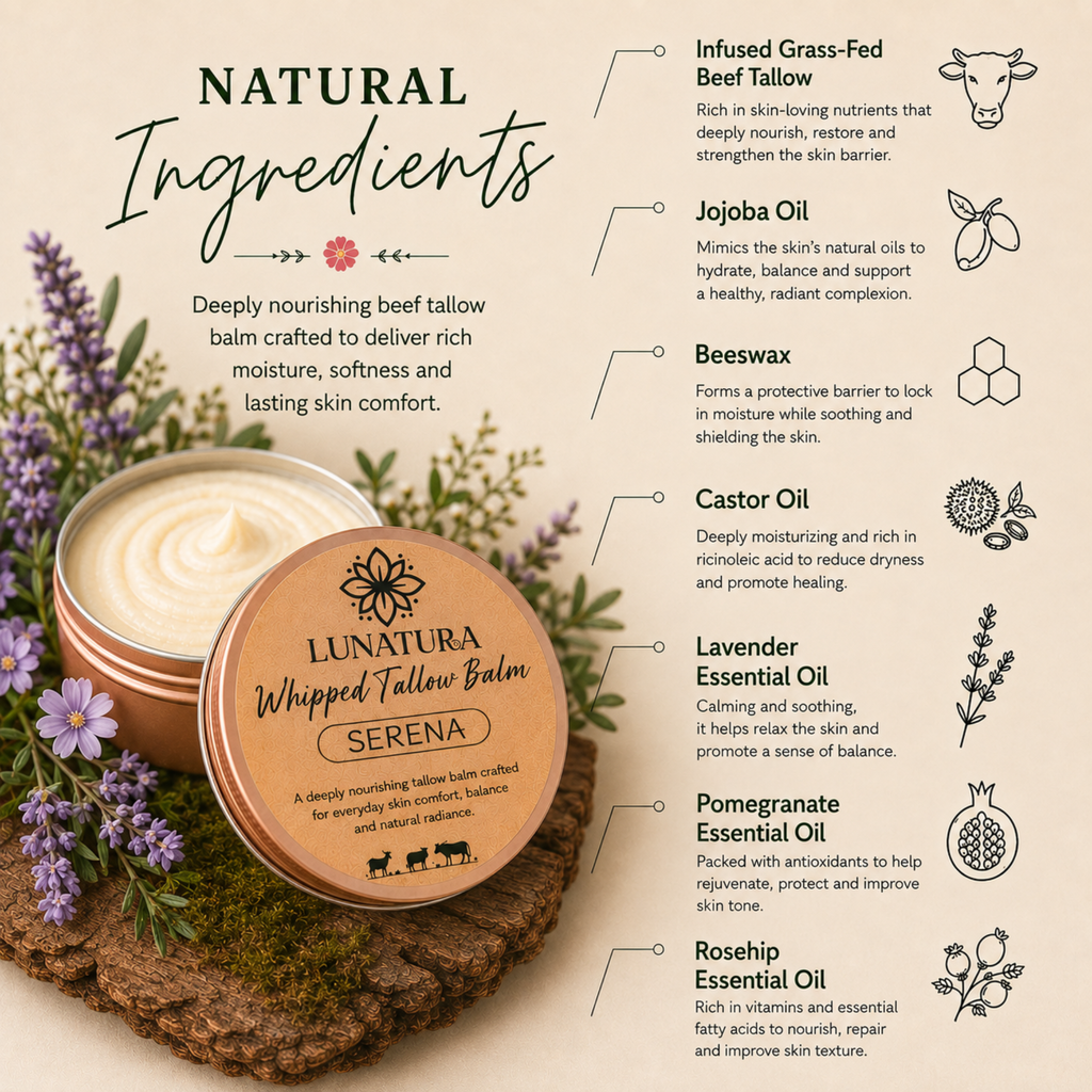 Natural ingredients in Serena Whipped Tallow Balm with grass-fed beef tallow