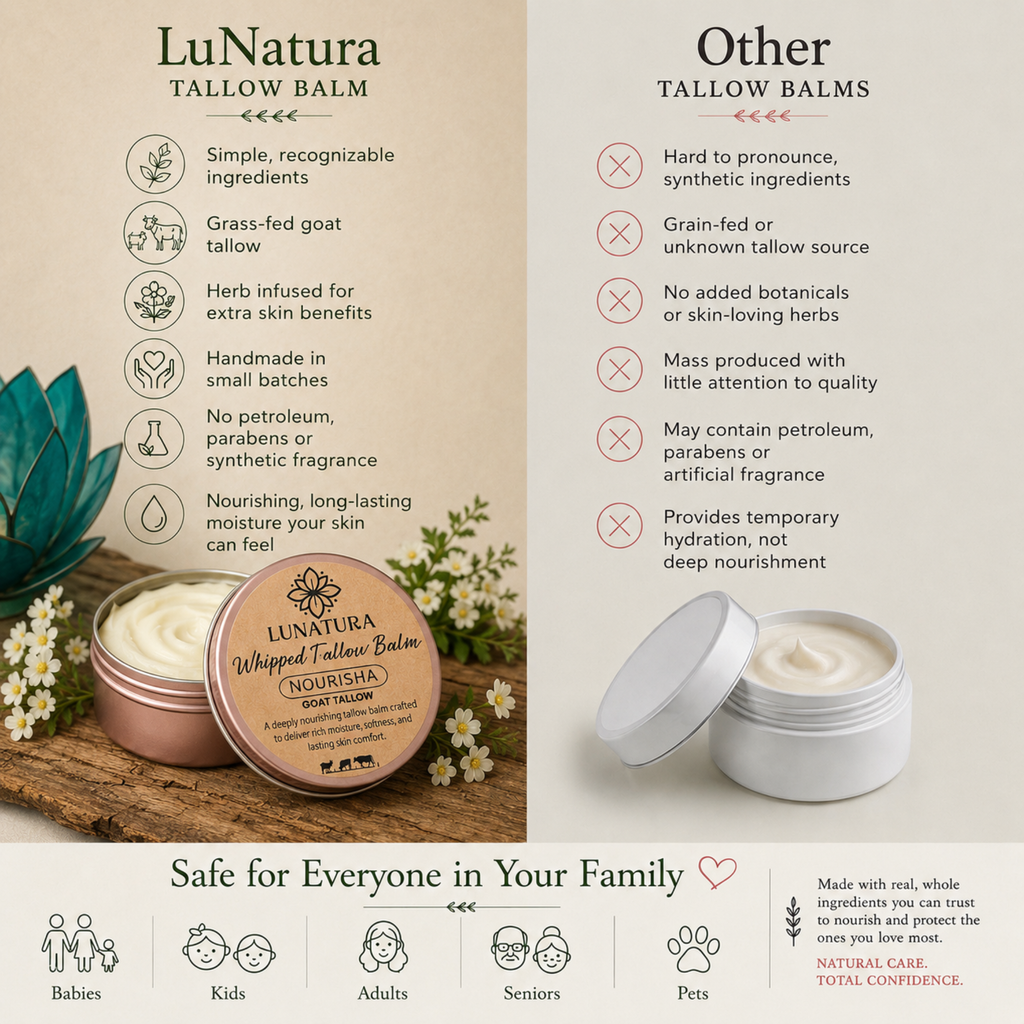 Nourisha goat tallow balm comparison highlighting LuNatura natural skincare ingredients