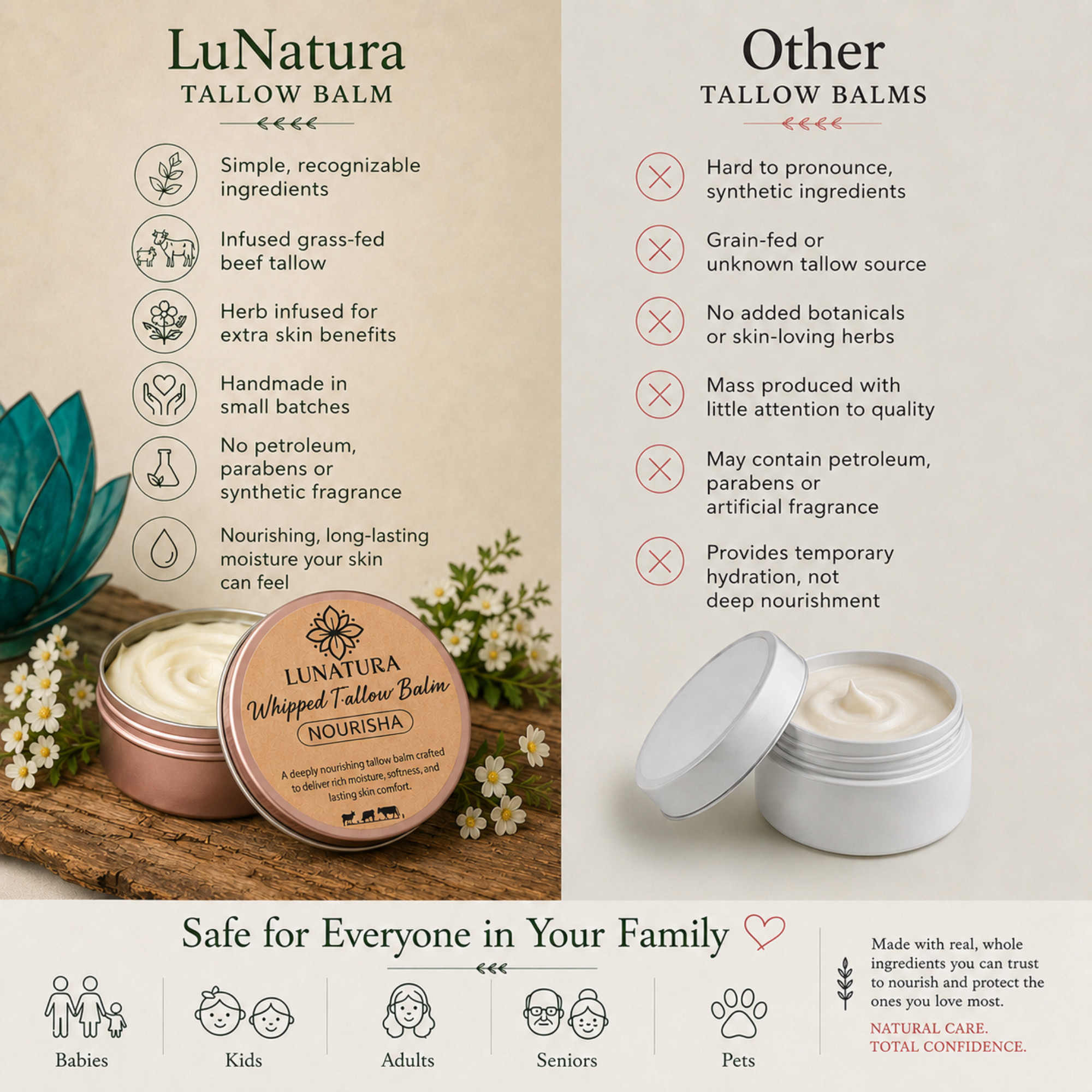Nourisha tallow balm compared with conventional skincare ingredients