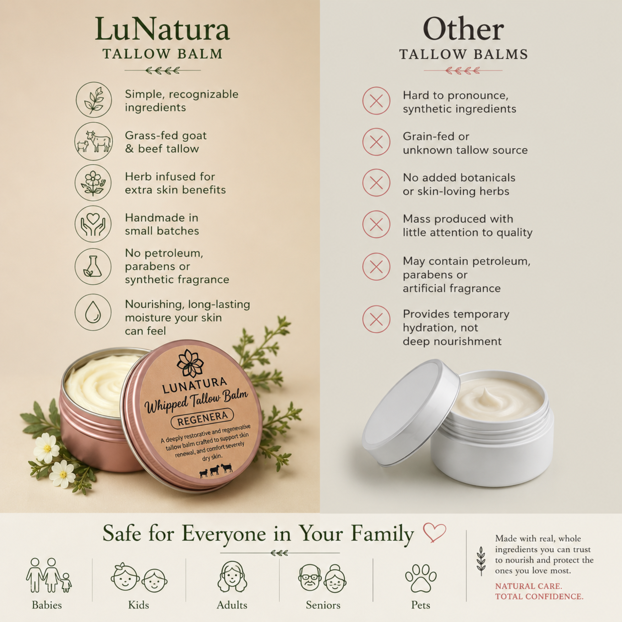 Regenera whipped tallow balm comparison highlighting LuNatura natural skincare qualities