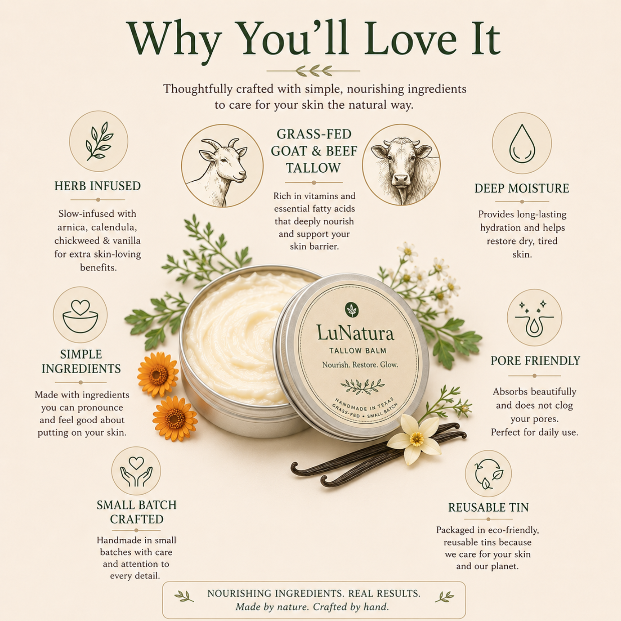 Benefits of Nourisha whipped goat tallow balm for soft nourished and hydrated skin