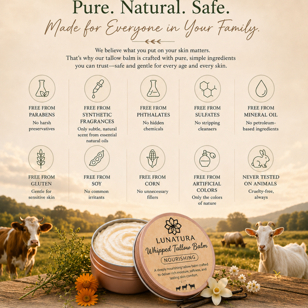 Nourisha natural goat tallow balm made with simple ingredients for everyday family skincare