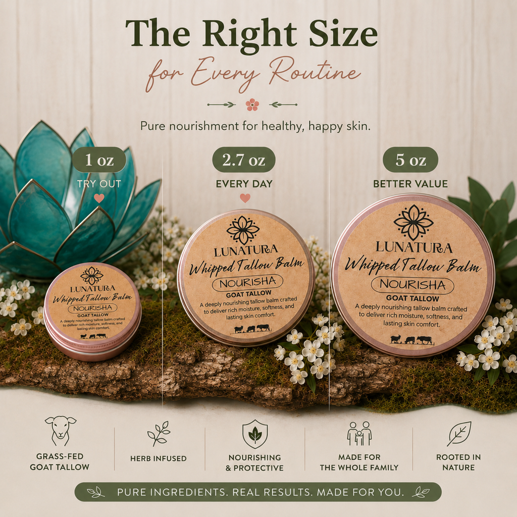 Nourisha whipped goat tallow balm available in 1 oz 2.7 oz and 5 oz sizes