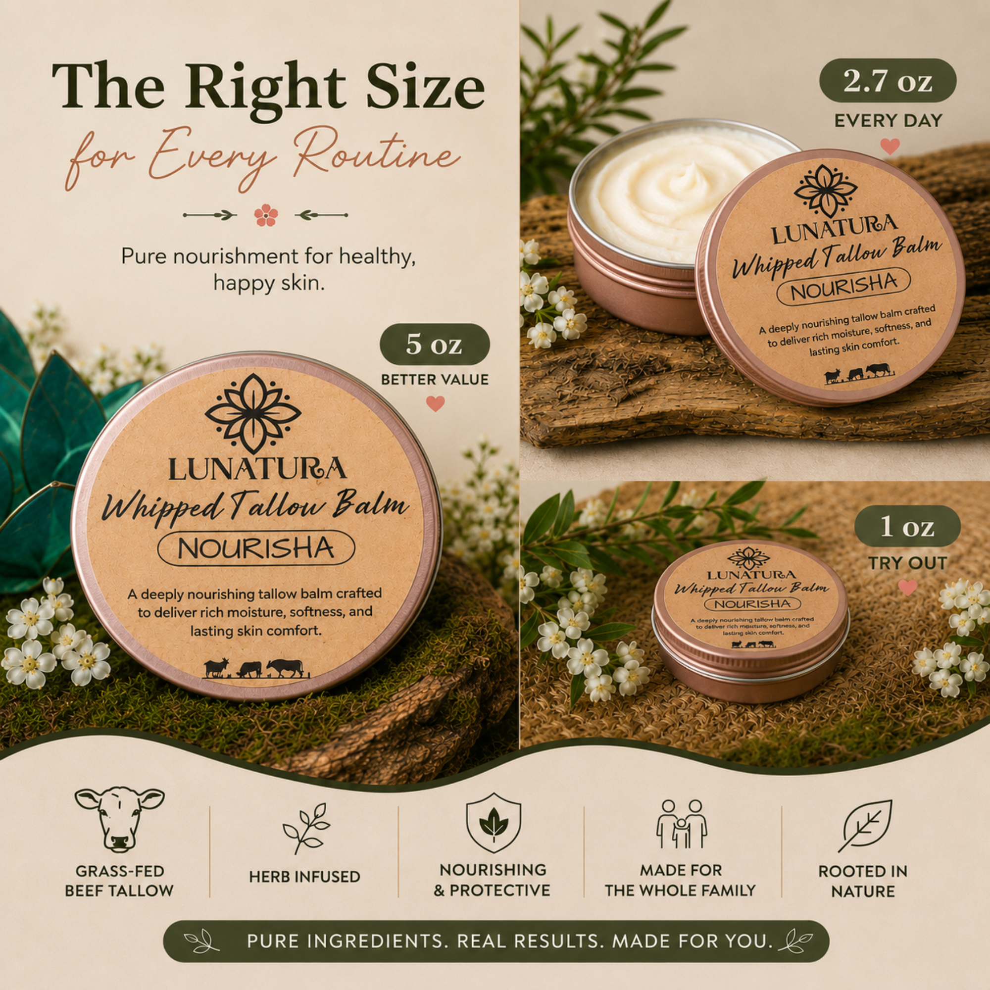 Nourisha whipped tallow balm available in 1 oz, 2.7 oz and 5 oz tins