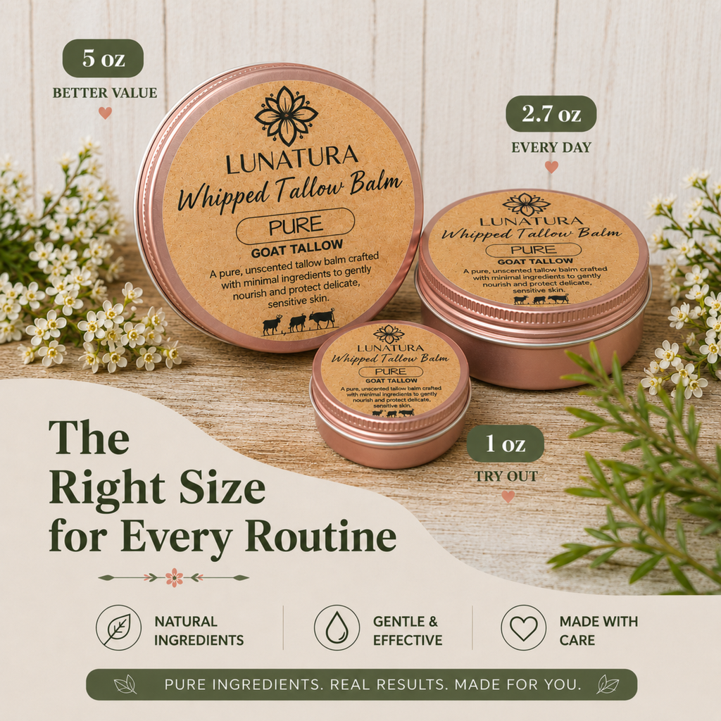 Pure Goat whipped tallow balm size guide showing 1 oz, 2.7 oz and 5 oz tins