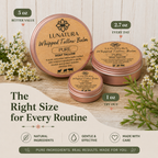 Pure Goat whipped tallow balm size guide showing 1 oz, 2.7 oz and 5 oz tins