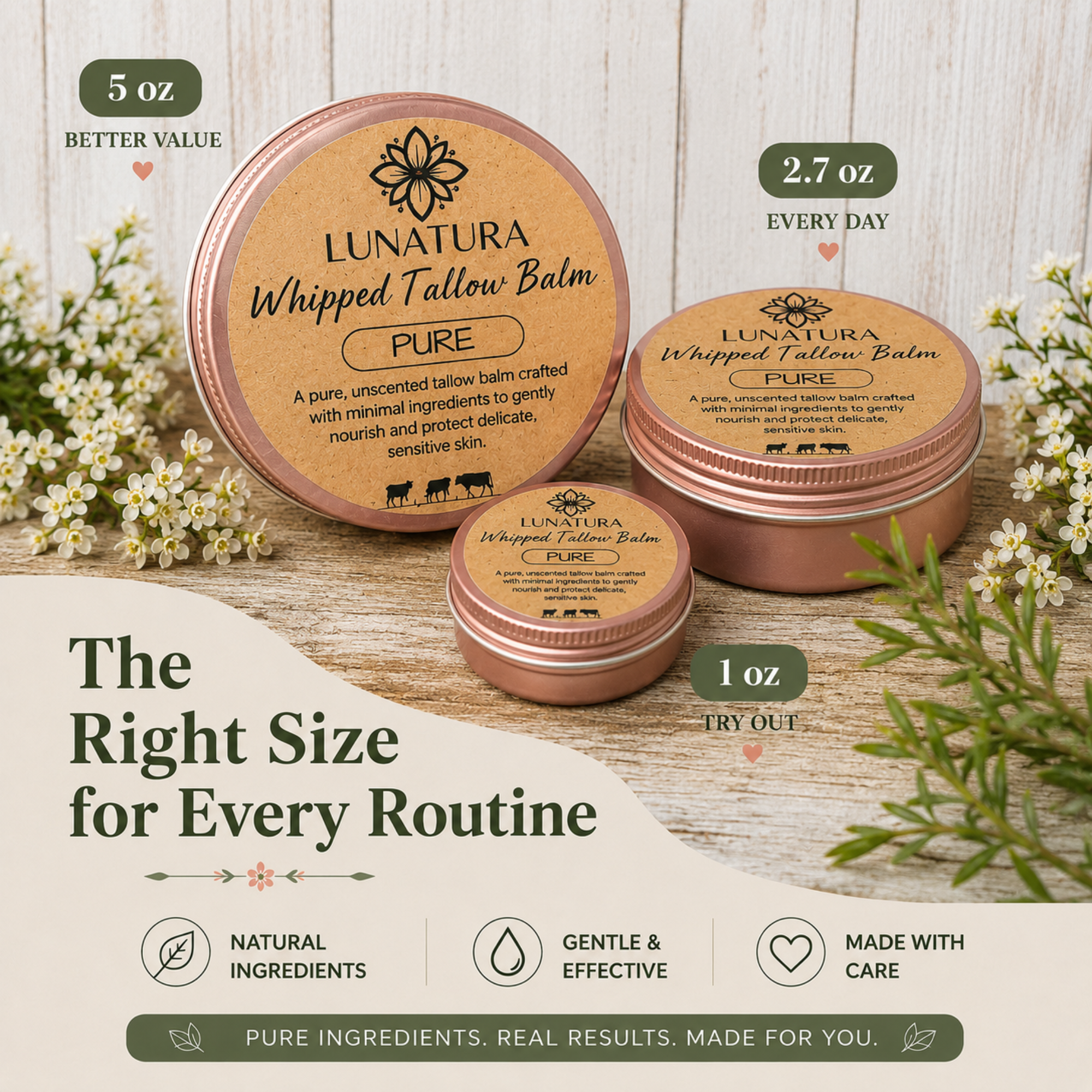 Pure whipped tallow balm available in 1 oz, 2.7 oz and 5 oz sizes