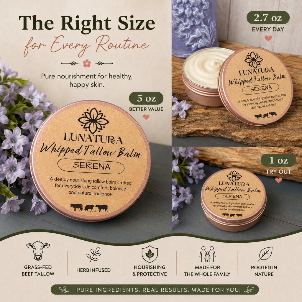 Serena Whipped Tallow Balm available in 1 oz, 2.7 oz and 5 oz sizes