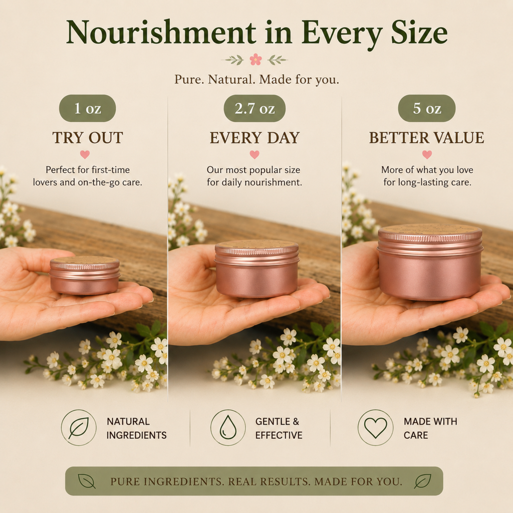 Regenera tallow balm size guide showing 1 oz, 2.7 oz and 5 oz options