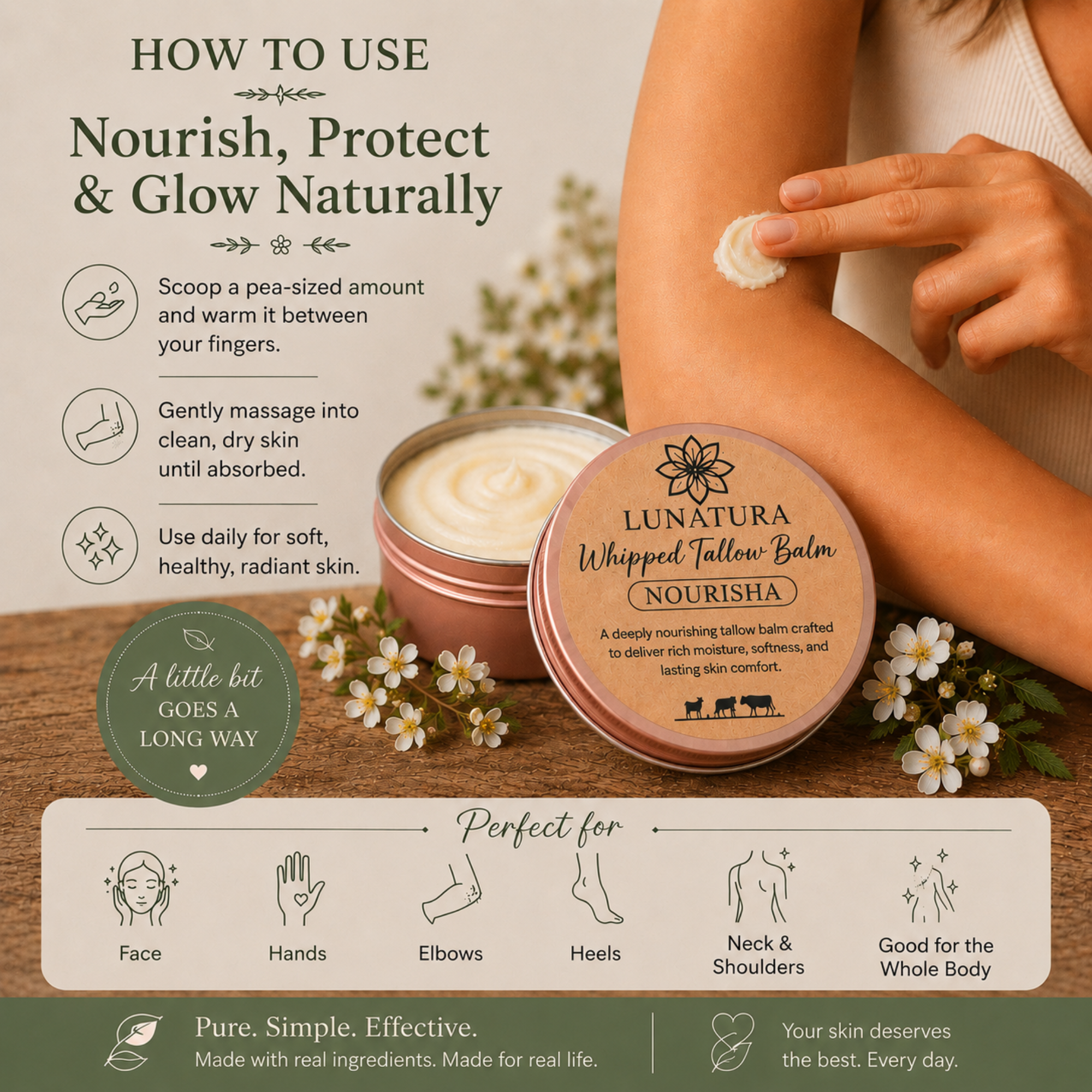 How to use Nourisha whipped tallow balm on clean skin