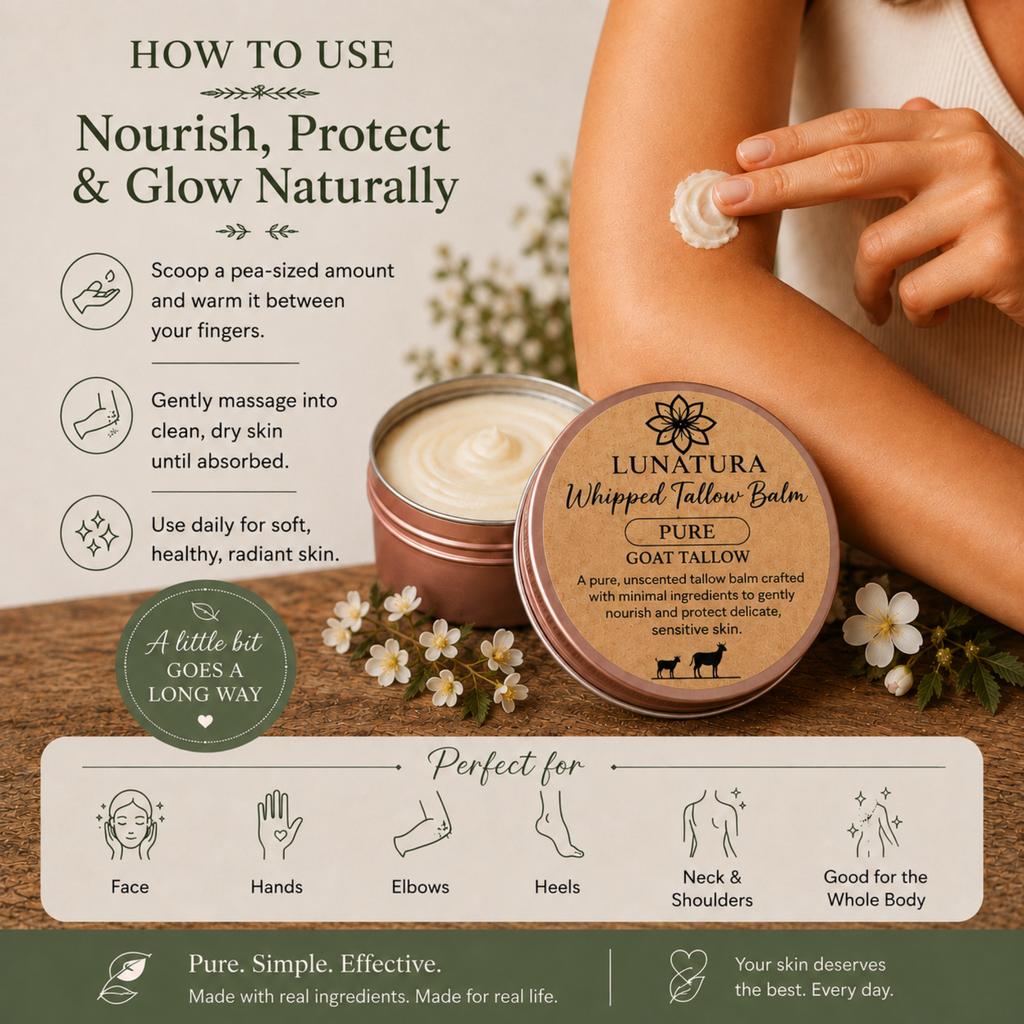 How to use Pure Goat whipped tallow balm by warming a small amount between fingertips and applying to skin