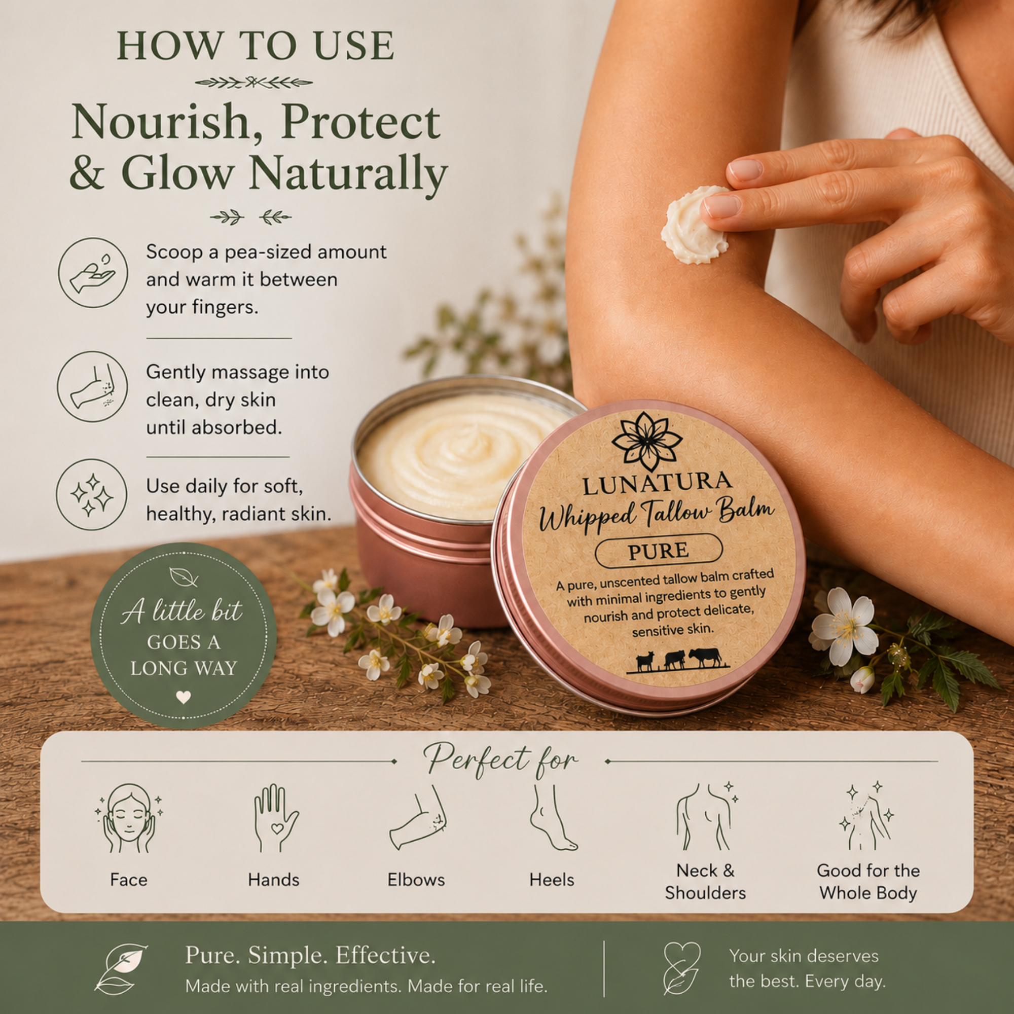 How to use Pure whipped tallow balm by warming a small amount and gently massaging it into dry skin