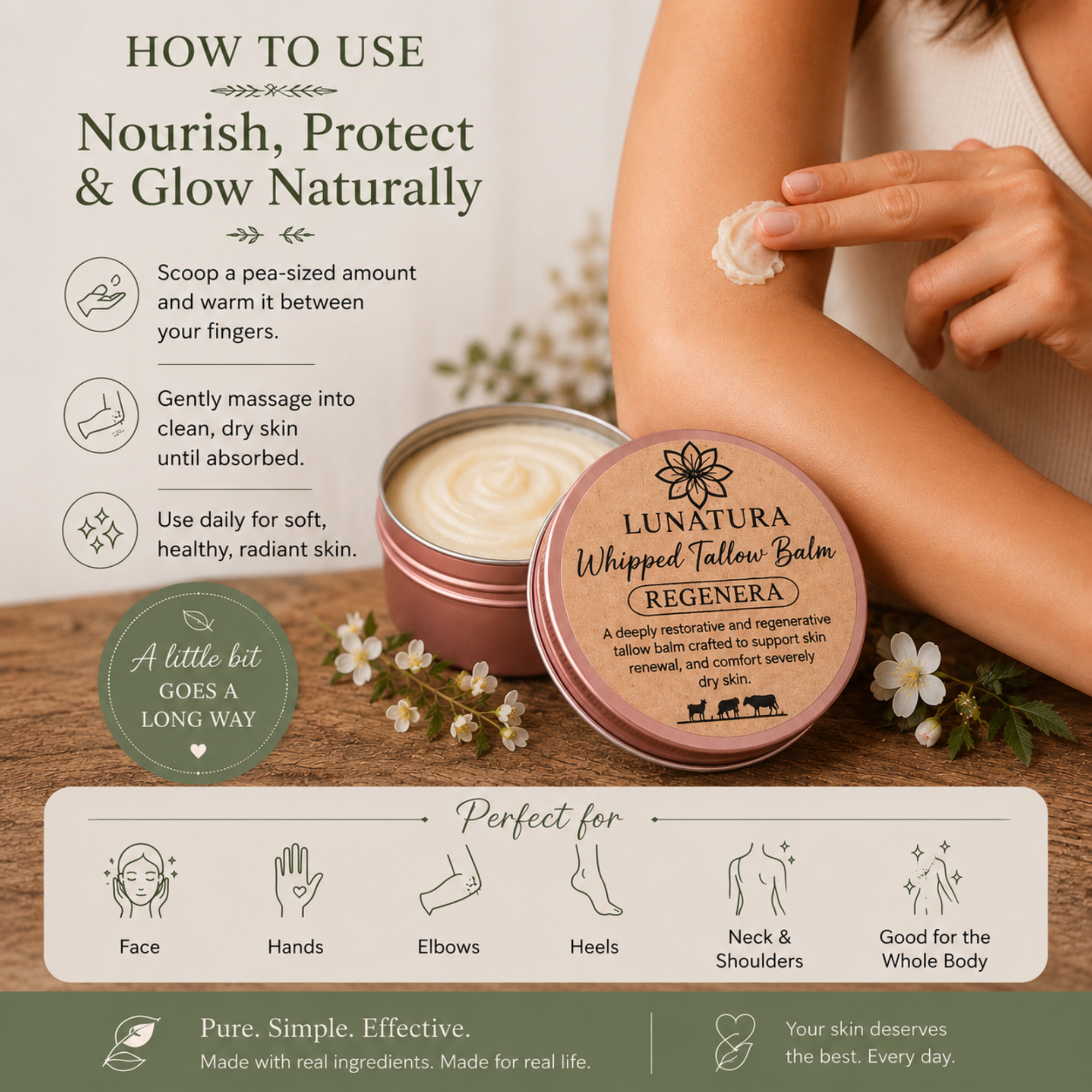 How to use Regenera whipped tallow balm on dry hands, elbows, knees and rough skin