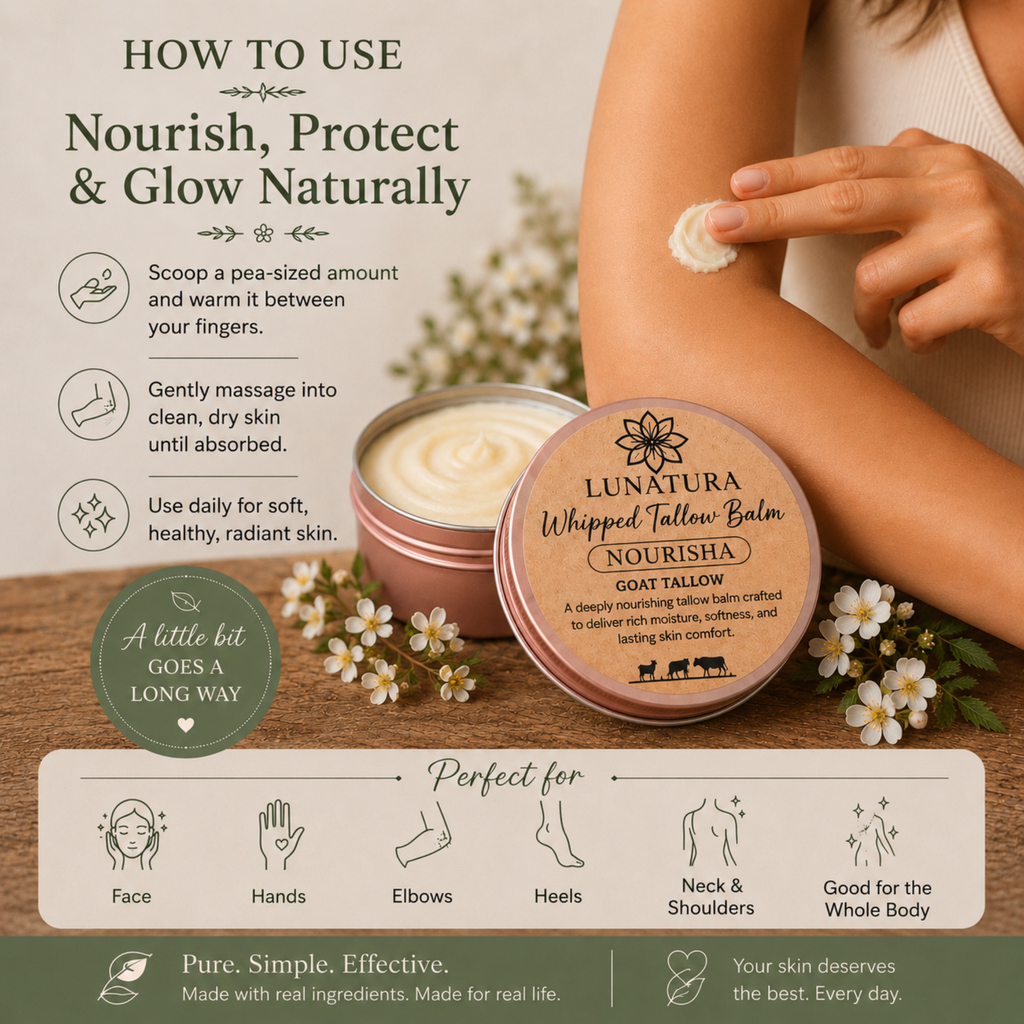 How to apply Nourisha Whipped Goat Tallow Balm for daily skin moisturizing