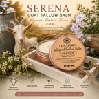 Serena Whipped Goat Tallow Balm in reusable tin with goat and lavender flowers