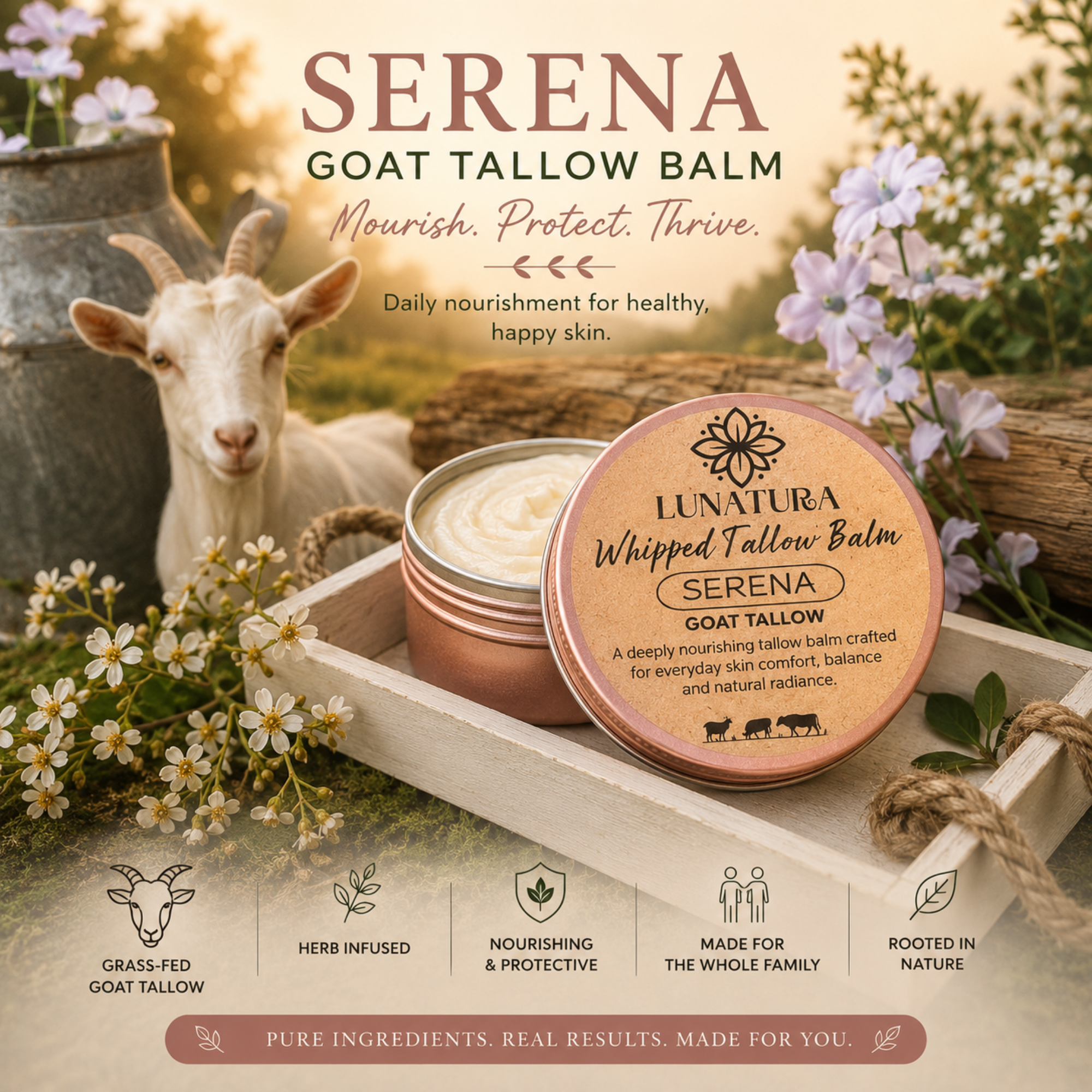 Serena Whipped Goat Tallow Balm in reusable tin with goat and lavender flowers