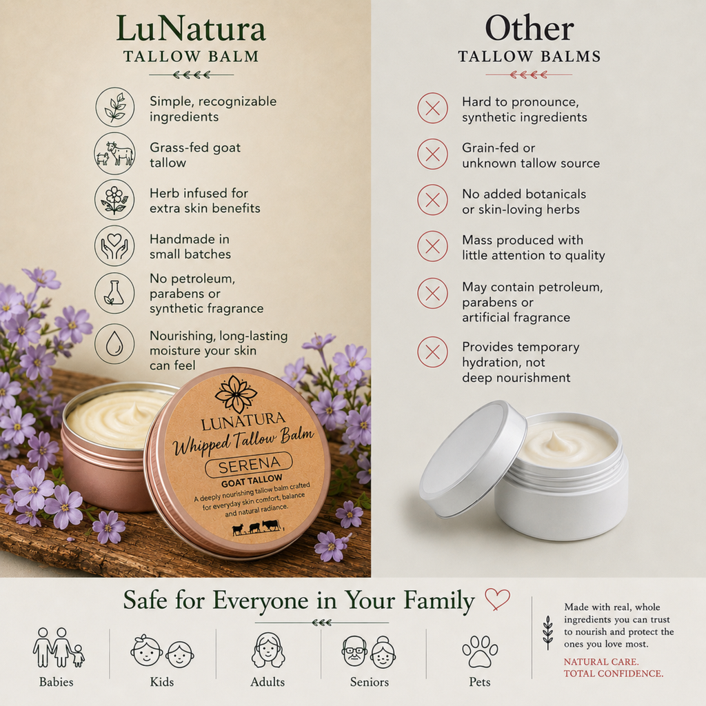 Comparison of LuNatura Serena Goat Tallow Balm with conventional skincare ingredients