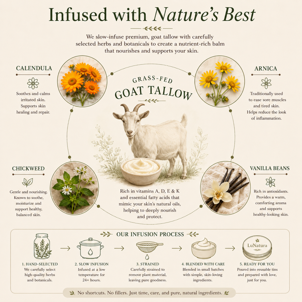 Goat tallow balm slow infused with arnica, chickweed, and vanilla bean for 24 hours