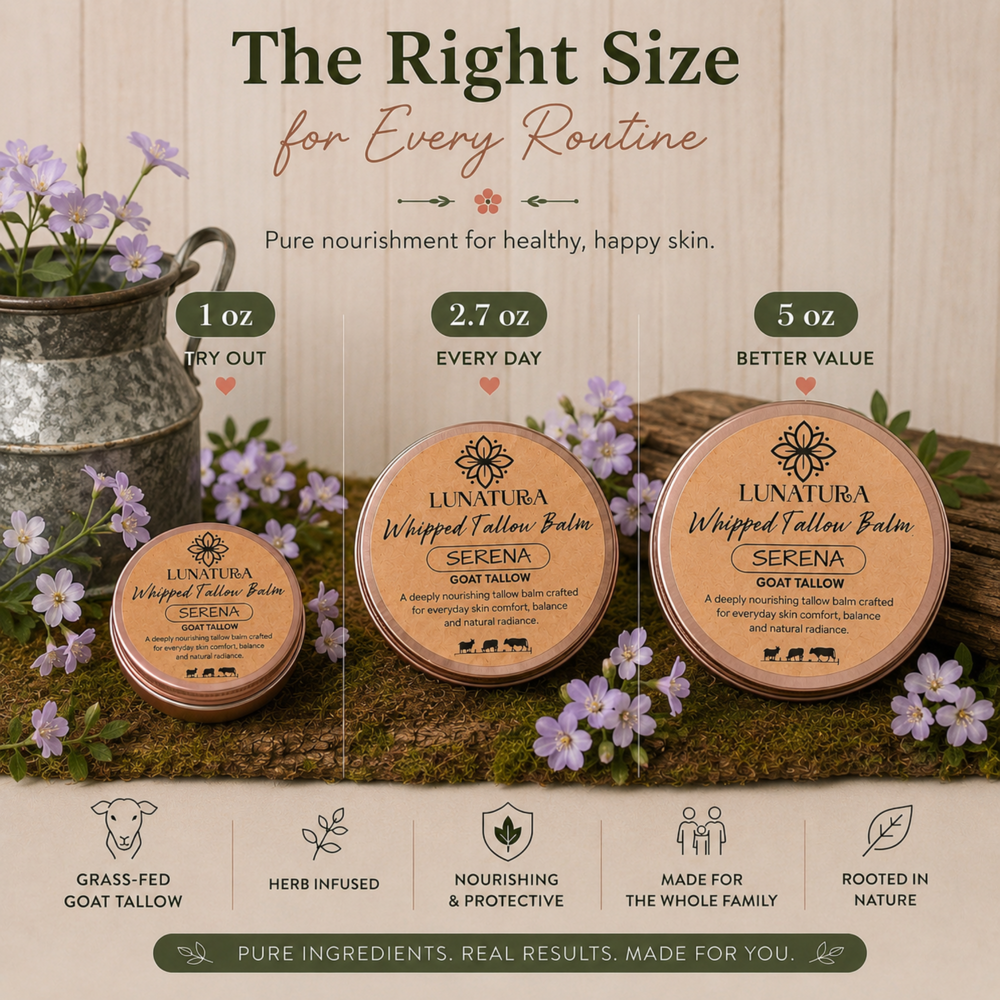 Serena Goat Tallow Balm available in 1 oz, 2.7 oz and 5 oz sizes